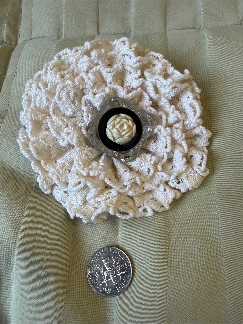 Handmade Cream Crochet Doily pin with Decorative Center